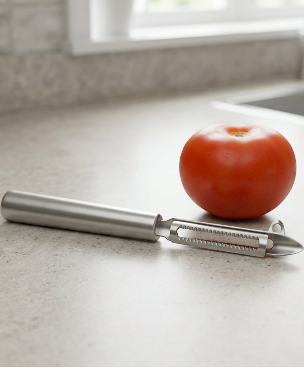 Zonva Softskin Stainless Steel Serrated Swivel Peeler 7.4 in - Lifestyle view